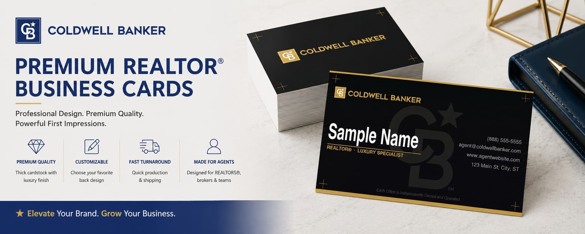 Coldwell Banker Design CB-017 REALTOR&reg; business cards with luxury black and gold layout and customizable back designs