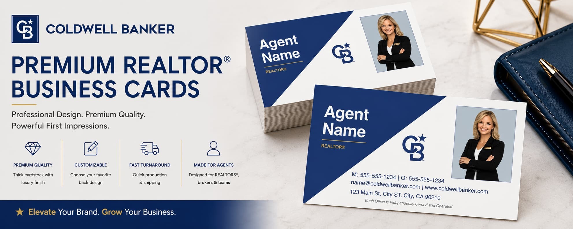 Coldwell Banker Design CB-019 REALTOR® business cards with diagonal luxury layout and customizable back designs