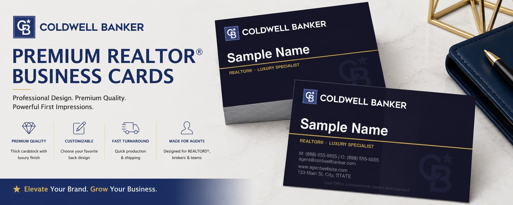 Coldwell Banker Design CB-020 REALTOR® business cards with luxury dark layout and customizable back designs