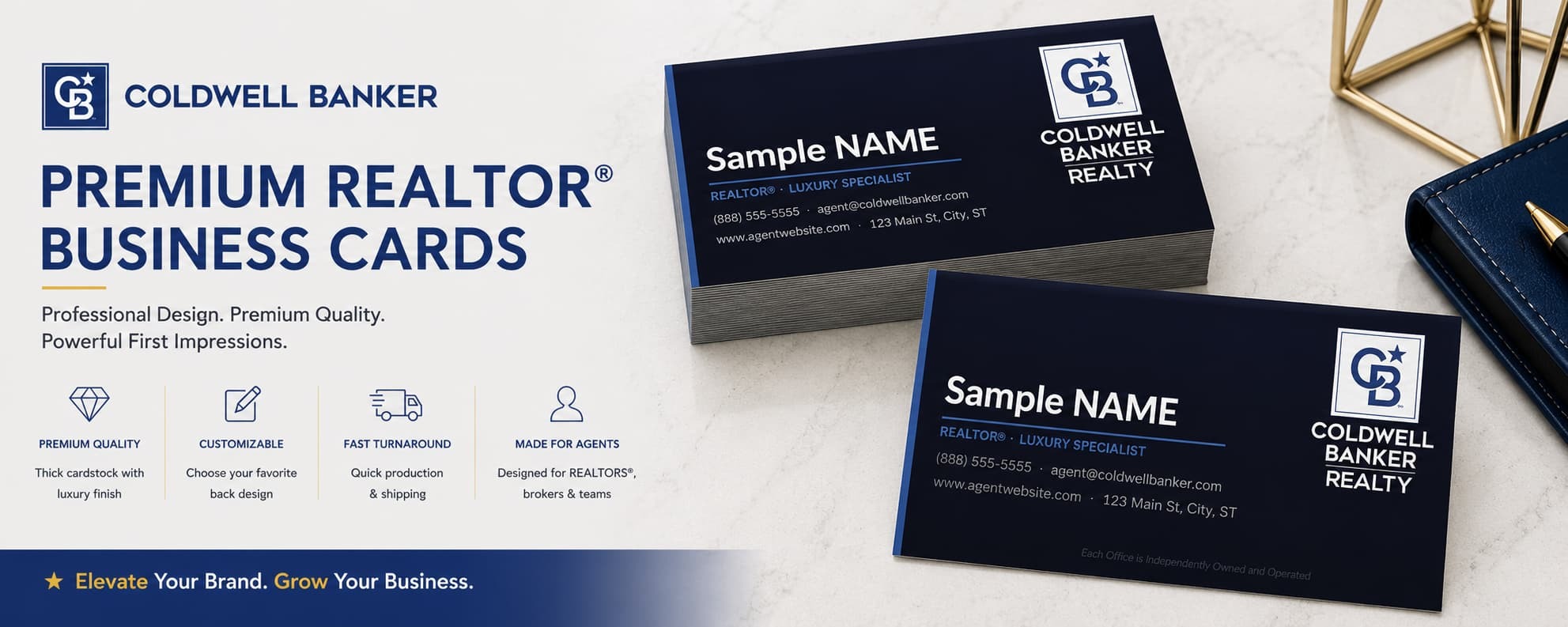 Coldwell Banker Design CB-021 REALTOR&reg; business cards with modern dark luxury layout and customizable back designs