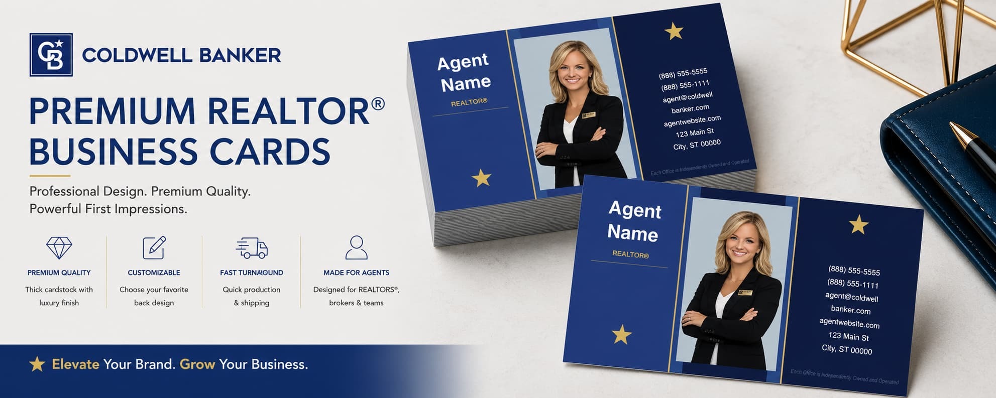 Coldwell Banker Design CB-022 REALTOR® business cards with modern panel photo layout and customizable back designs