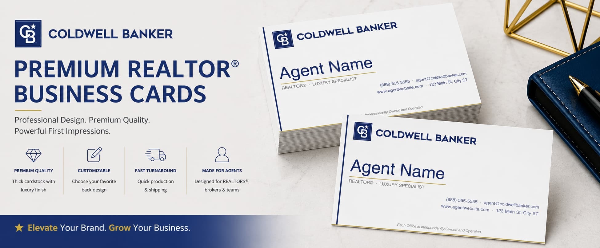 Coldwell Banker Design CB-023 REALTOR® business cards with clean minimalist luxury layout and customizable back designs