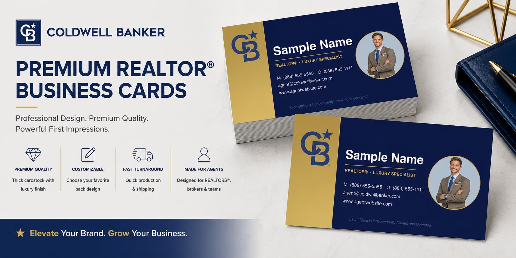 Coldwell Banker Design CB-024 REALTOR&reg; business cards with luxury gold accent layout and customizable back designs