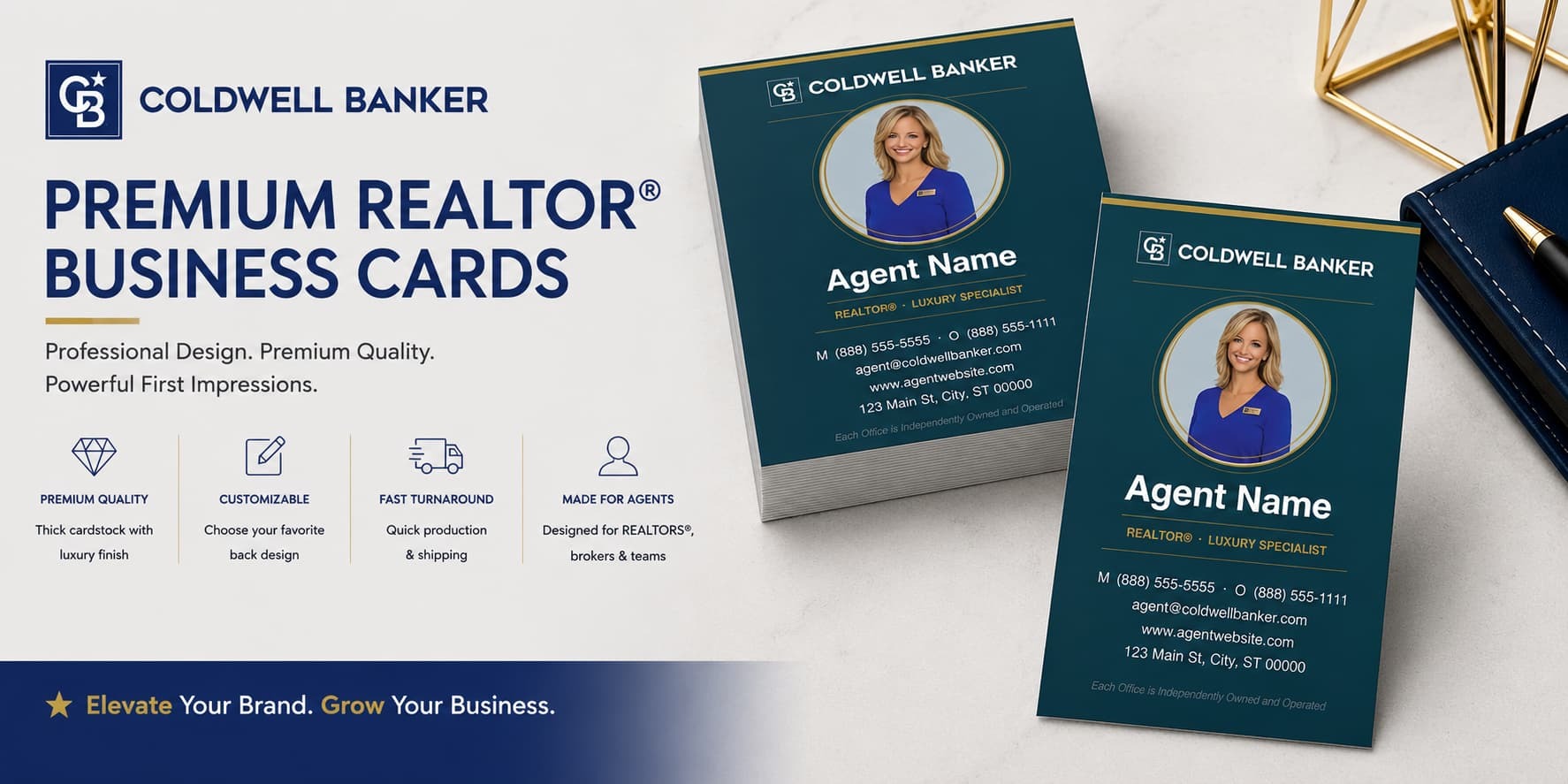 Coldwell Banker Design CB-025 REALTOR® business cards with circular luxury photo layout and customizable back designs