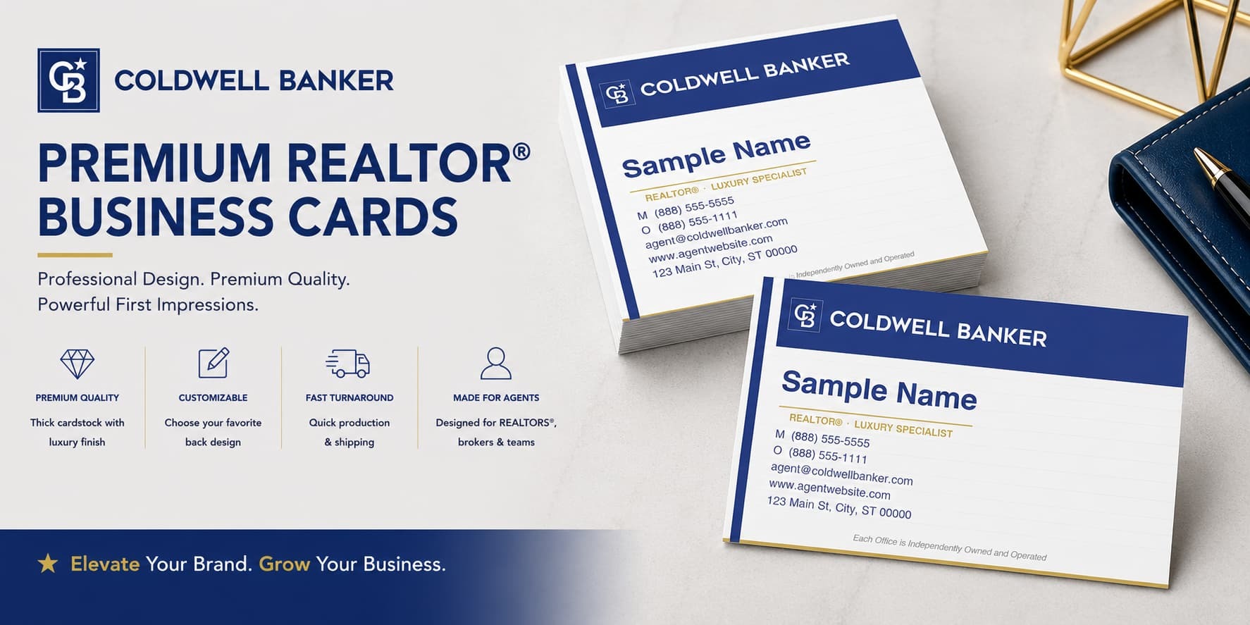 Coldwell Banker Design CB-026 REALTOR&reg; business cards with clean lined layout and customizable back designs