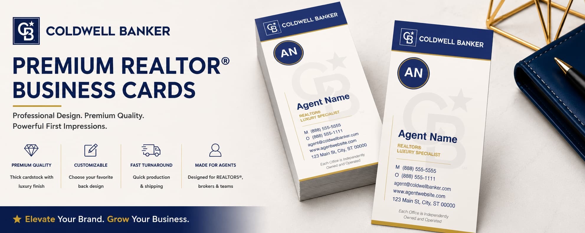 Coldwell Banker Design CB-027 REALTOR&reg; business cards with initials layout and customizable back designs