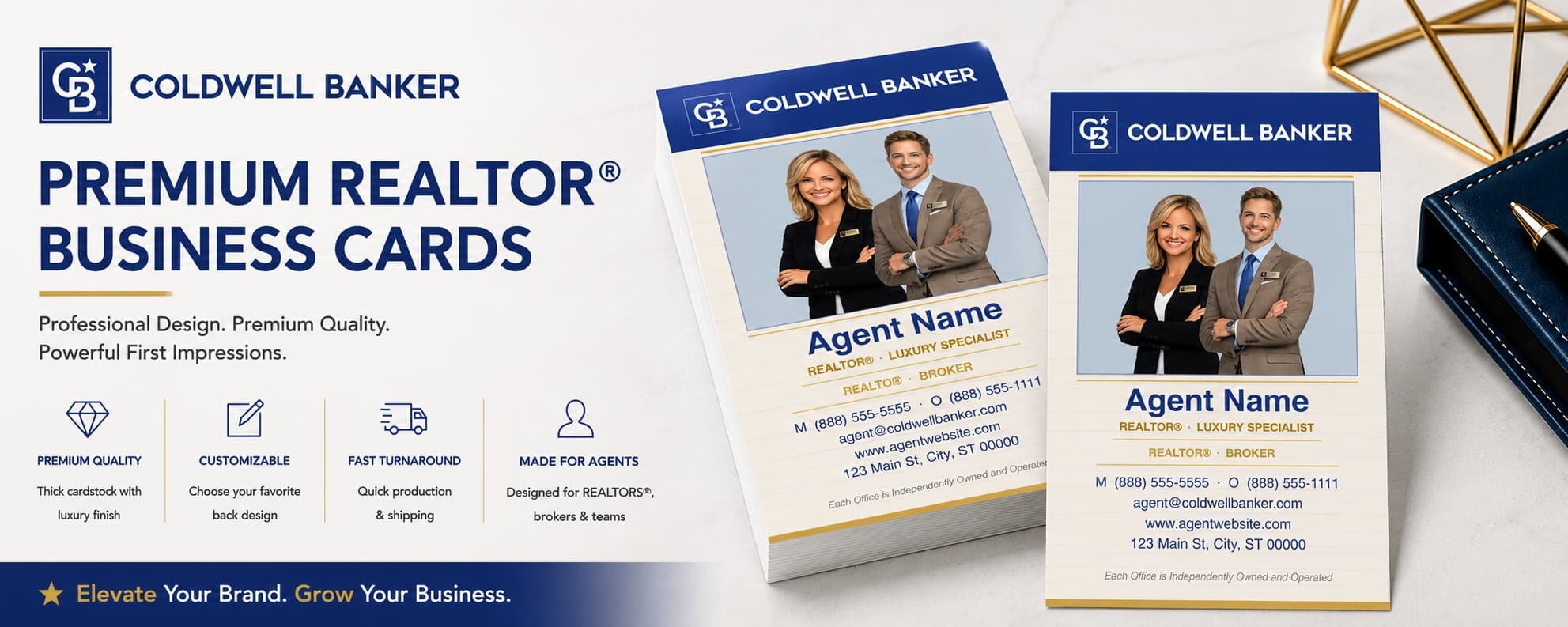 Coldwell Banker Design CB-028 REALTOR&reg; business cards with dual agent layout and customizable back designs