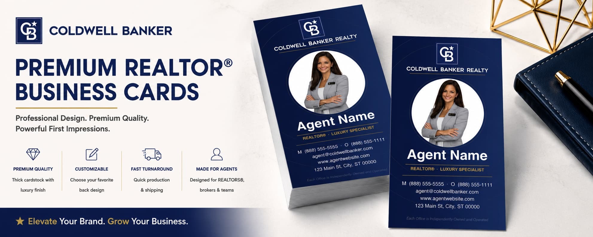 Coldwell Banker Design CB-029 REALTOR® business cards with circular luxury photo layout and customizable back designs