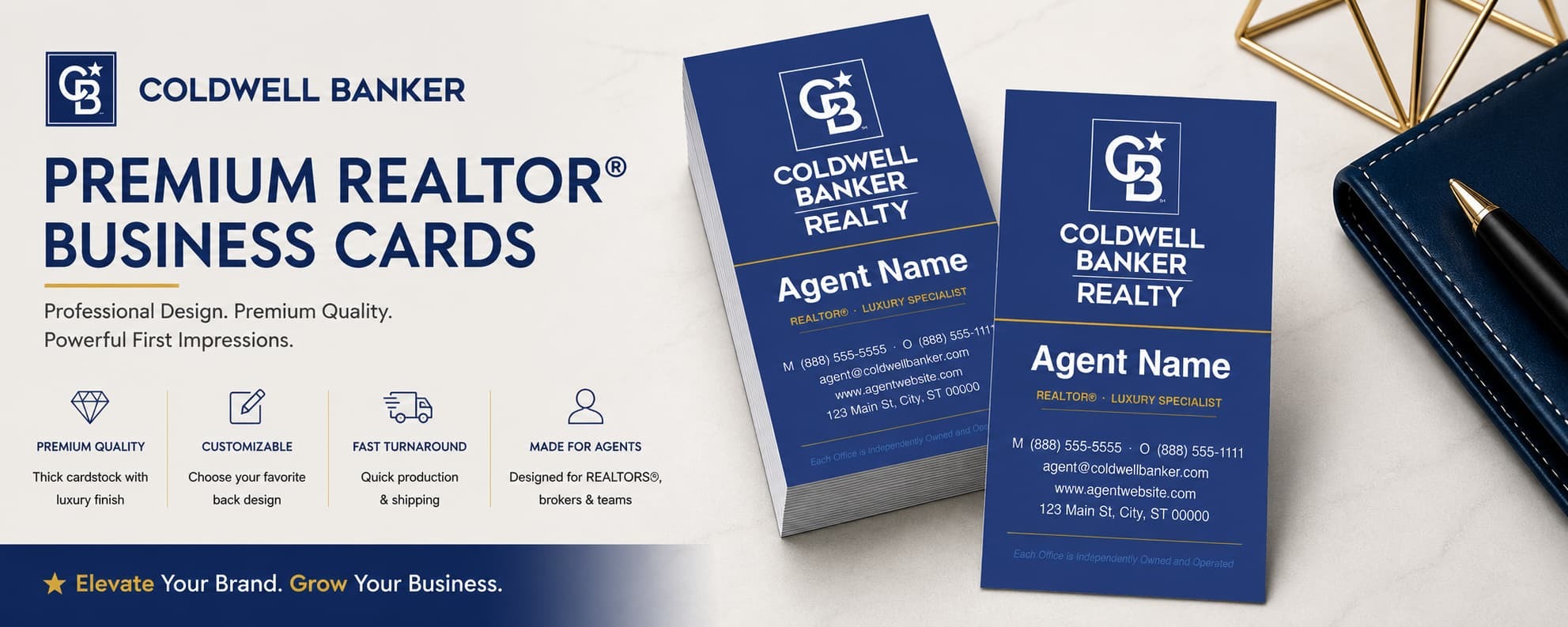 Coldwell Banker Design CB-030 REALTOR® business cards with bold luxury branding and customizable back designs