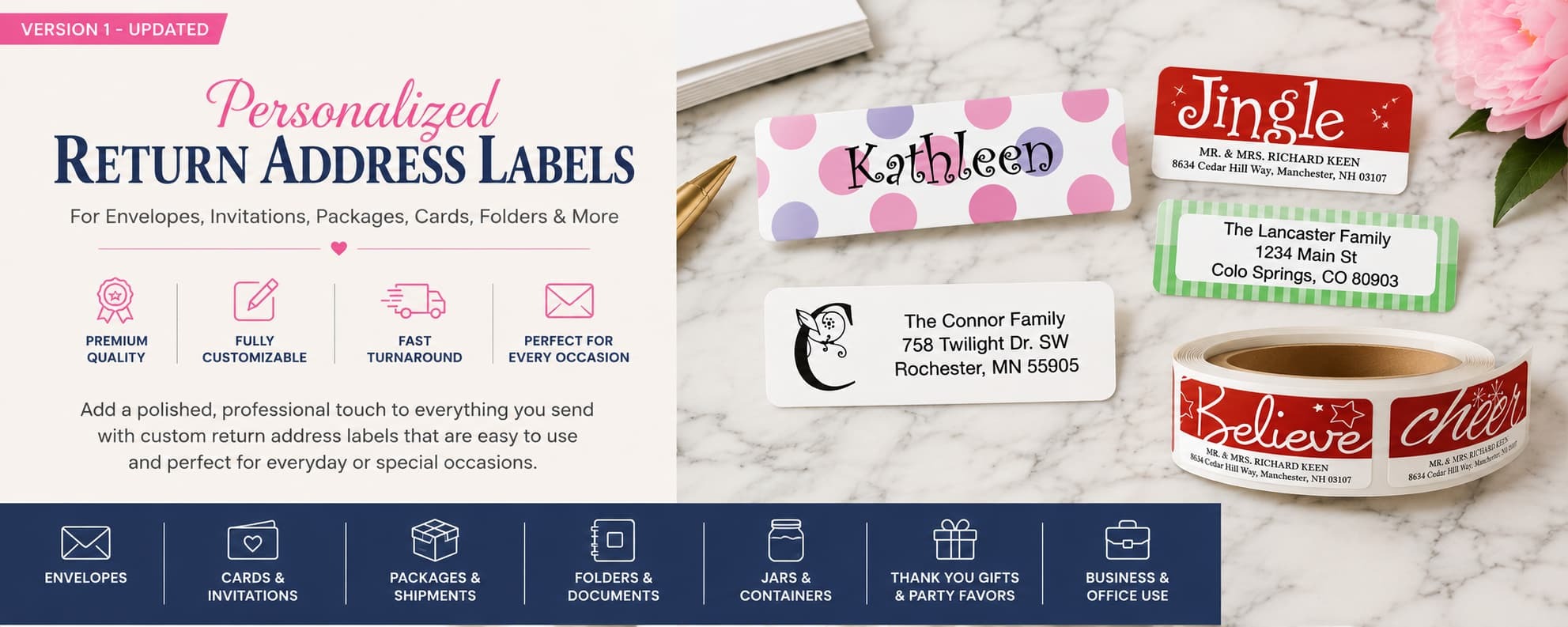 Custom return address labels with personalized mailing label designs for envelopes, cards, invitations, and business mail