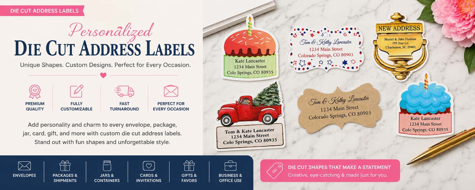 Personalized die cut address labels with custom shaped mailing labels for envelopes, gifts, invitations, packaging, and business use