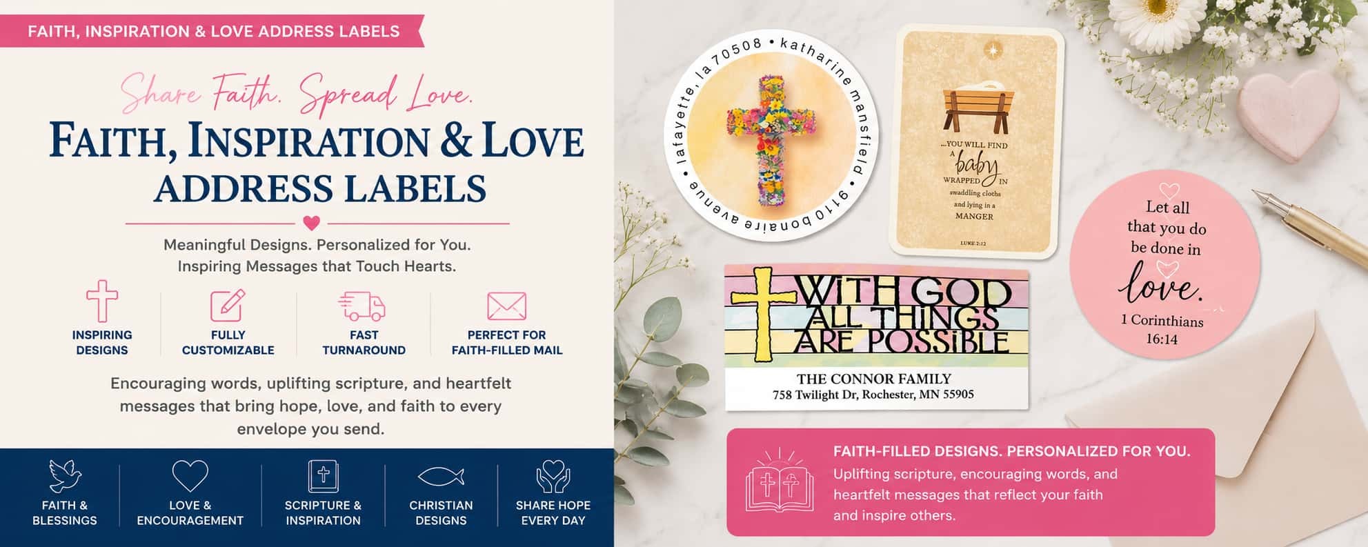 Personalized faith inspiration and love address labels featuring Christian artwork, inspirational messages, scripture themes, and meaningful mailing label designs