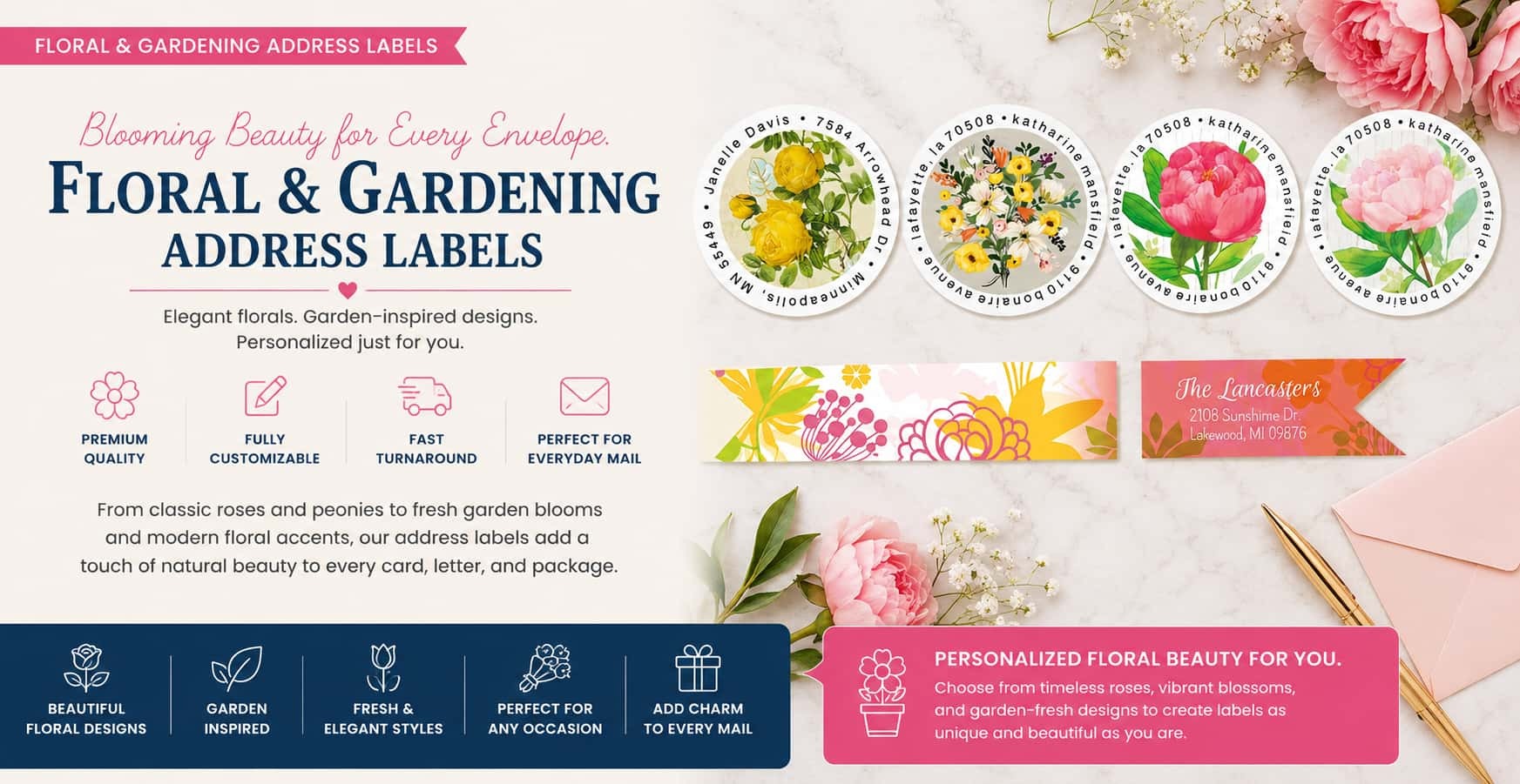 Personalized floral and gardening address labels featuring roses, peonies, wildflowers, garden blooms, and botanical mailing label designs