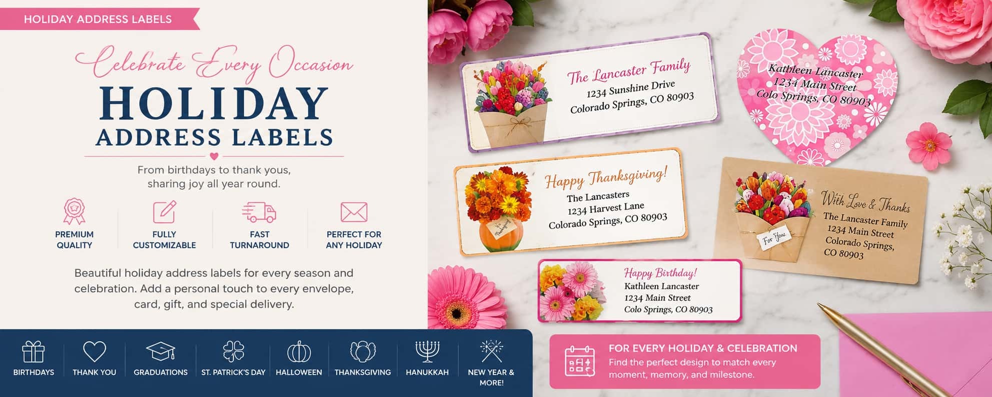 Personalized holiday address labels for birthdays, thank you cards, celebrations, seasonal mailings, and special occasions