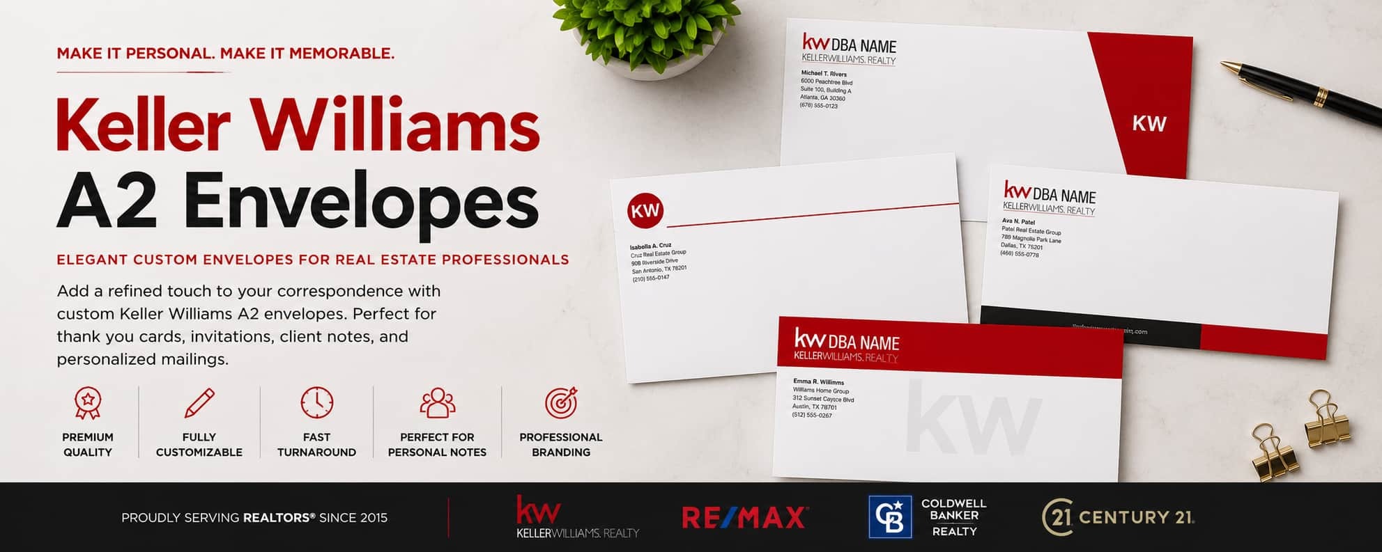 Keller Williams A2 envelopes for REALTORS and real estate professionals