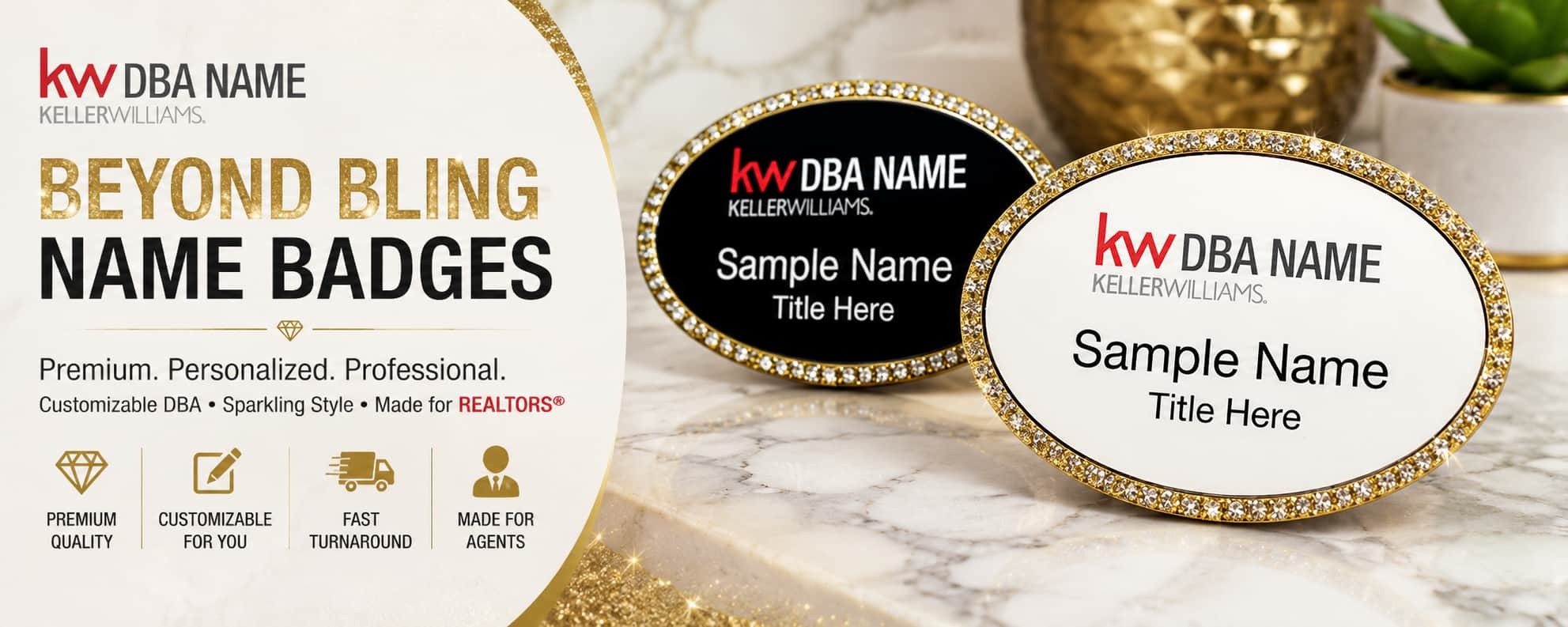 Keller Williams Beyond Bling rhinestone oval name badges with customizable DBA branding for REALTORS