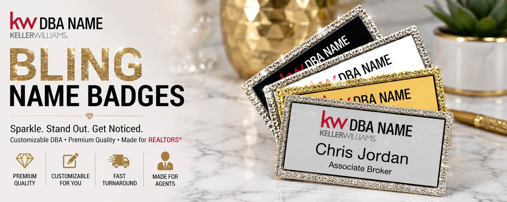 Keller Williams bling name badges with sparkling rhinestone borders and customizable DBA branding for REALTORS