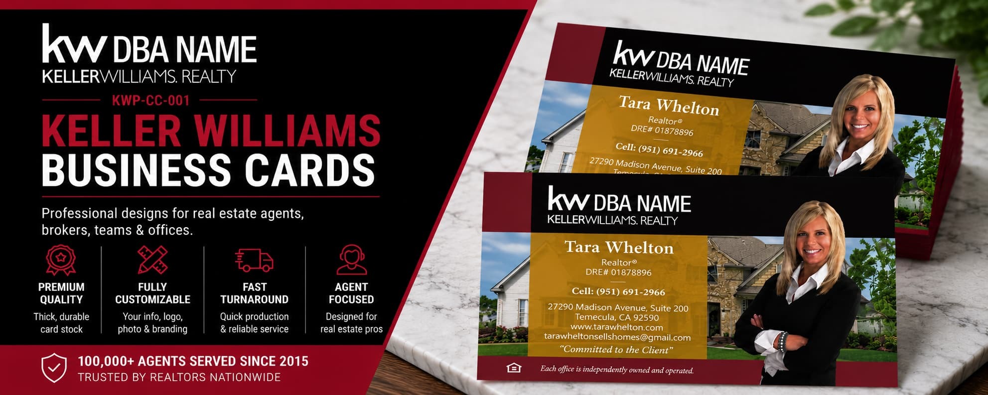 Keller Williams KWP-CC-001 business card design with customizable back side options