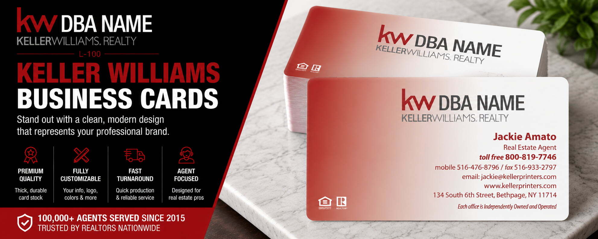 L-100 Keller Williams business card design with customizable back side options