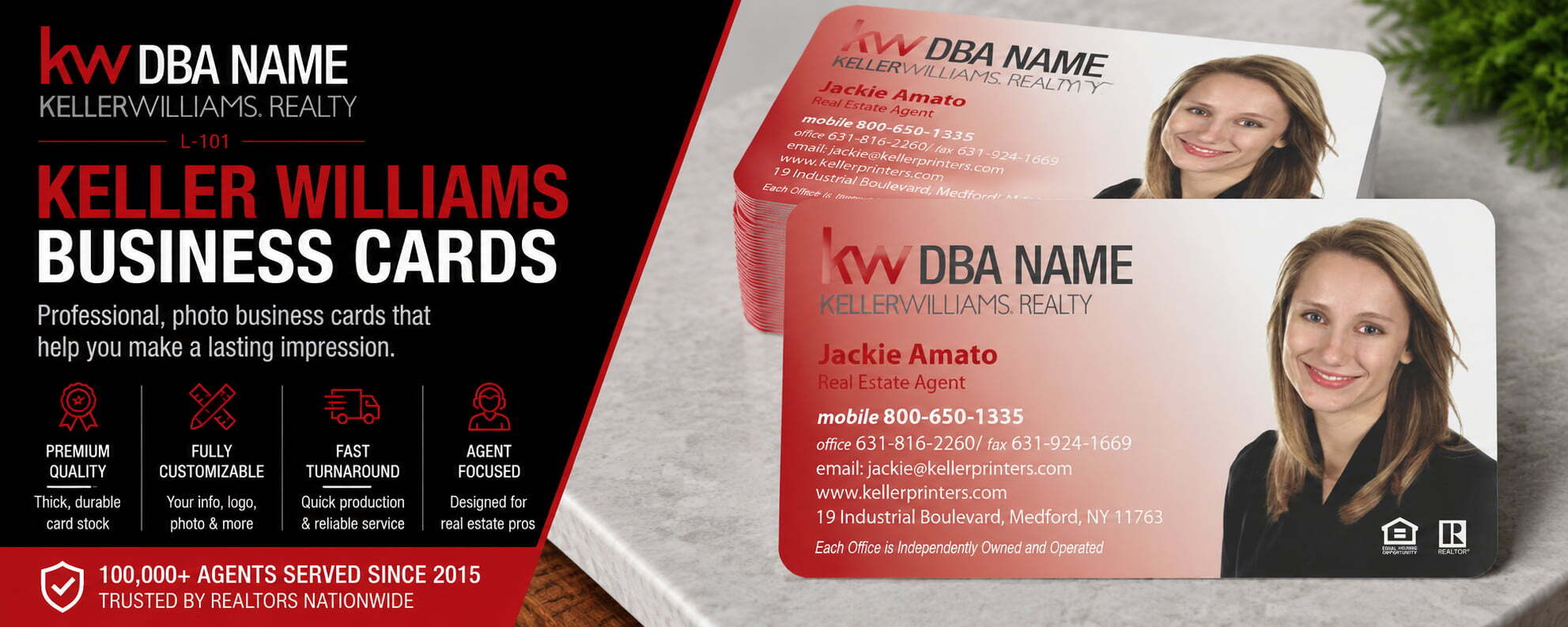 L-101 Keller Williams business card design with customizable back side options