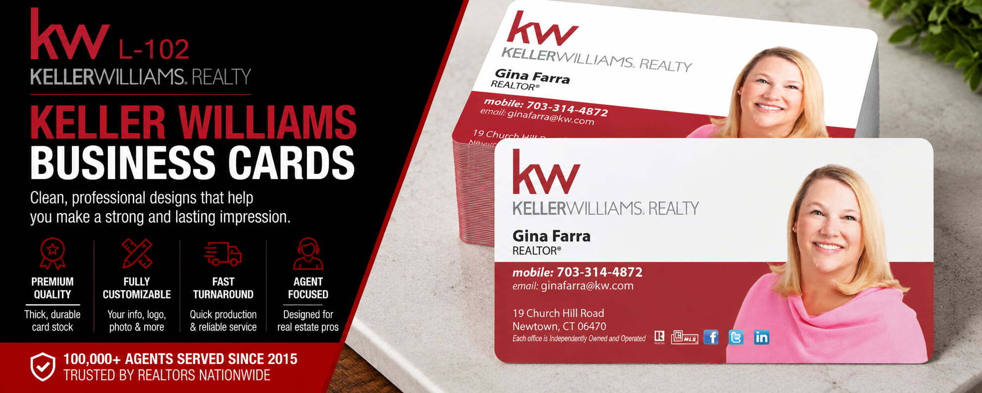 L-102 Keller Williams REALTOR business card design with customizable back side layouts