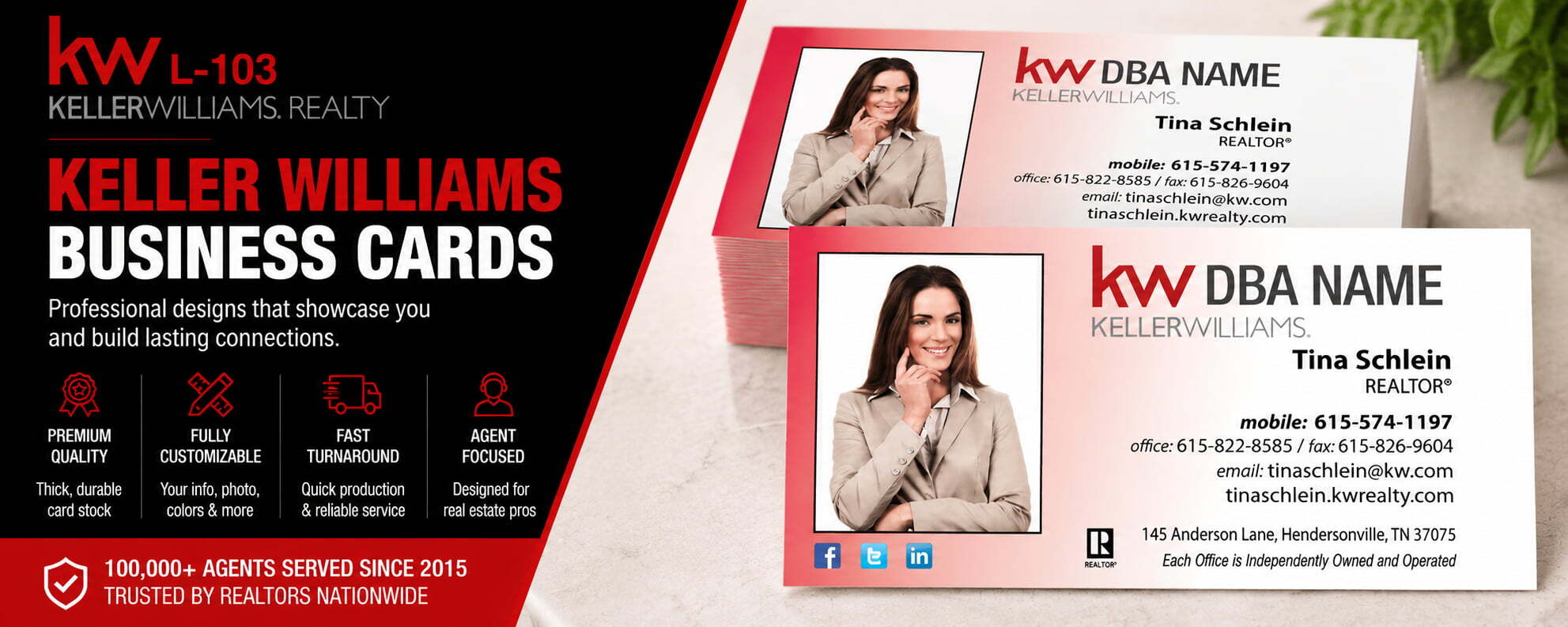 L-103 Keller Williams REALTOR business card design with customizable back side options
