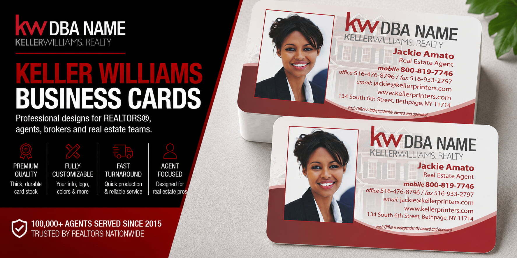 L-142 Keller Williams REALTOR business card design with customizable back side options