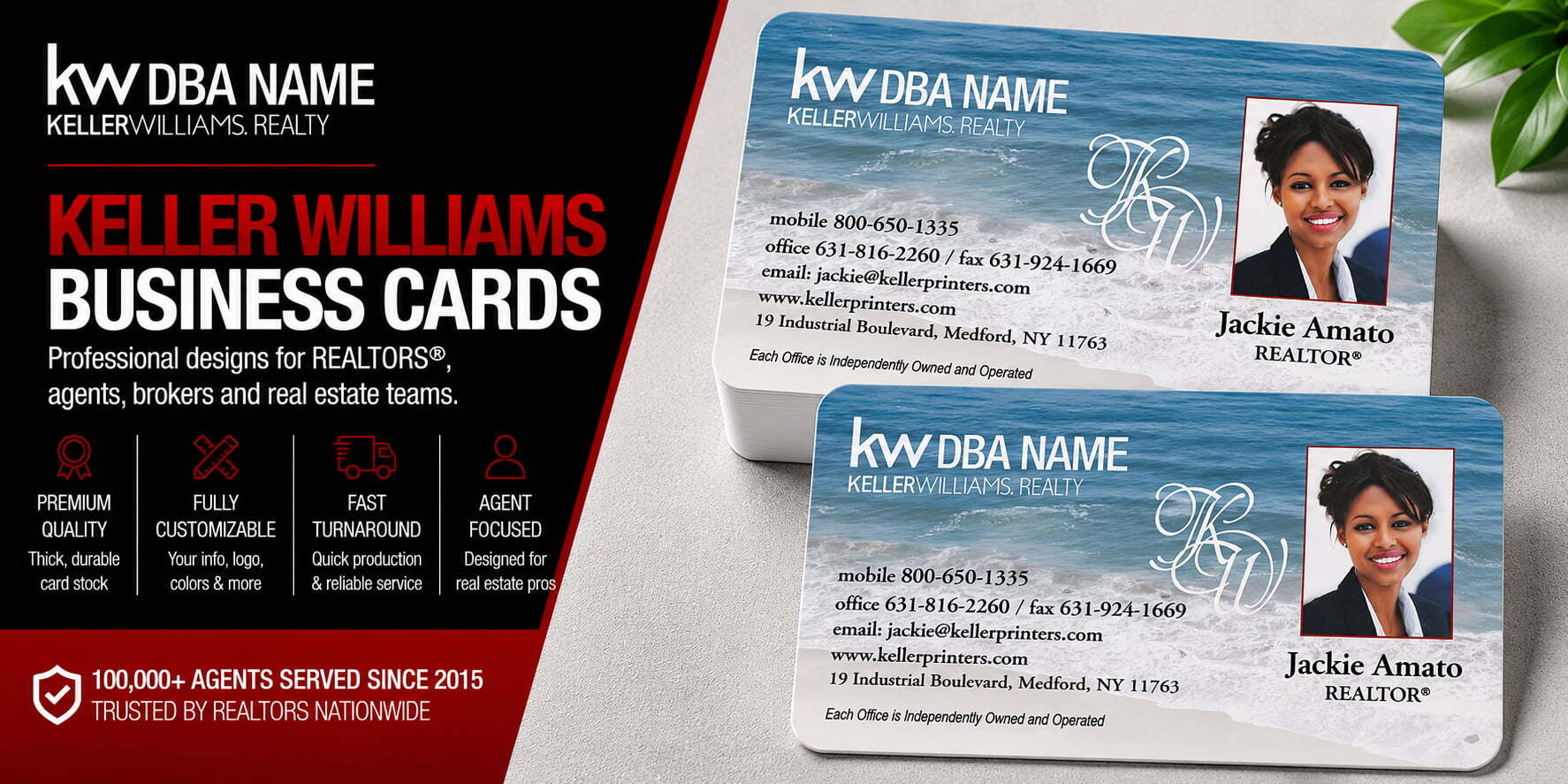 L-147 Keller Williams REALTOR beach-themed business card design with customizable back side options
