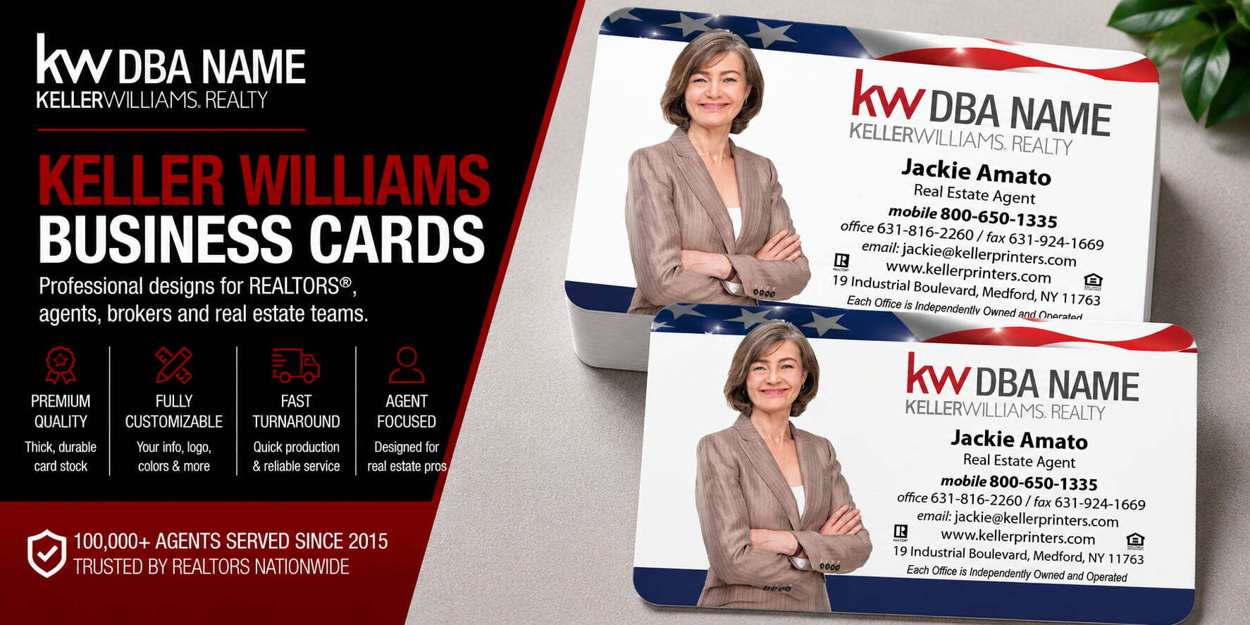 L-160 Keller Williams REALTOR patriotic business card design with customizable back side options