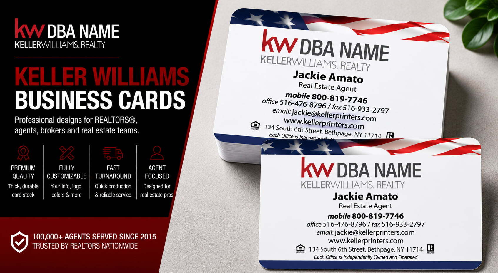 L-161 Keller Williams REALTOR patriotic business card design with customizable back side options