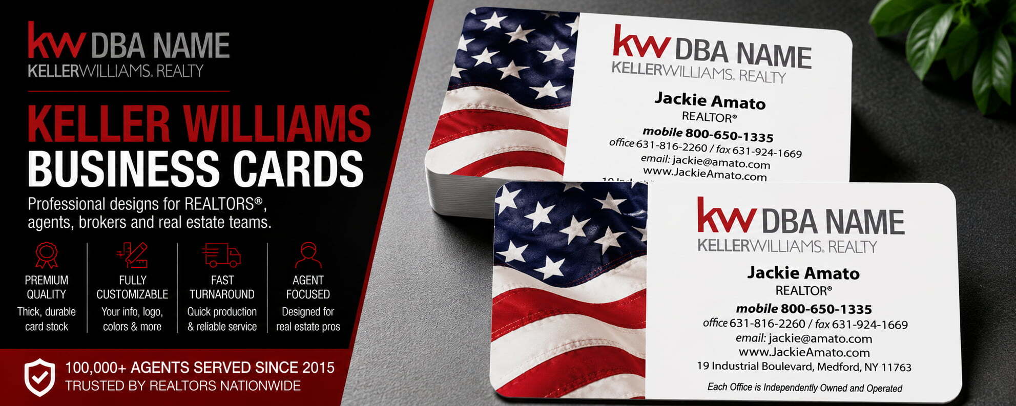 L-162 Keller Williams REALTOR patriotic business card design with customizable back side options