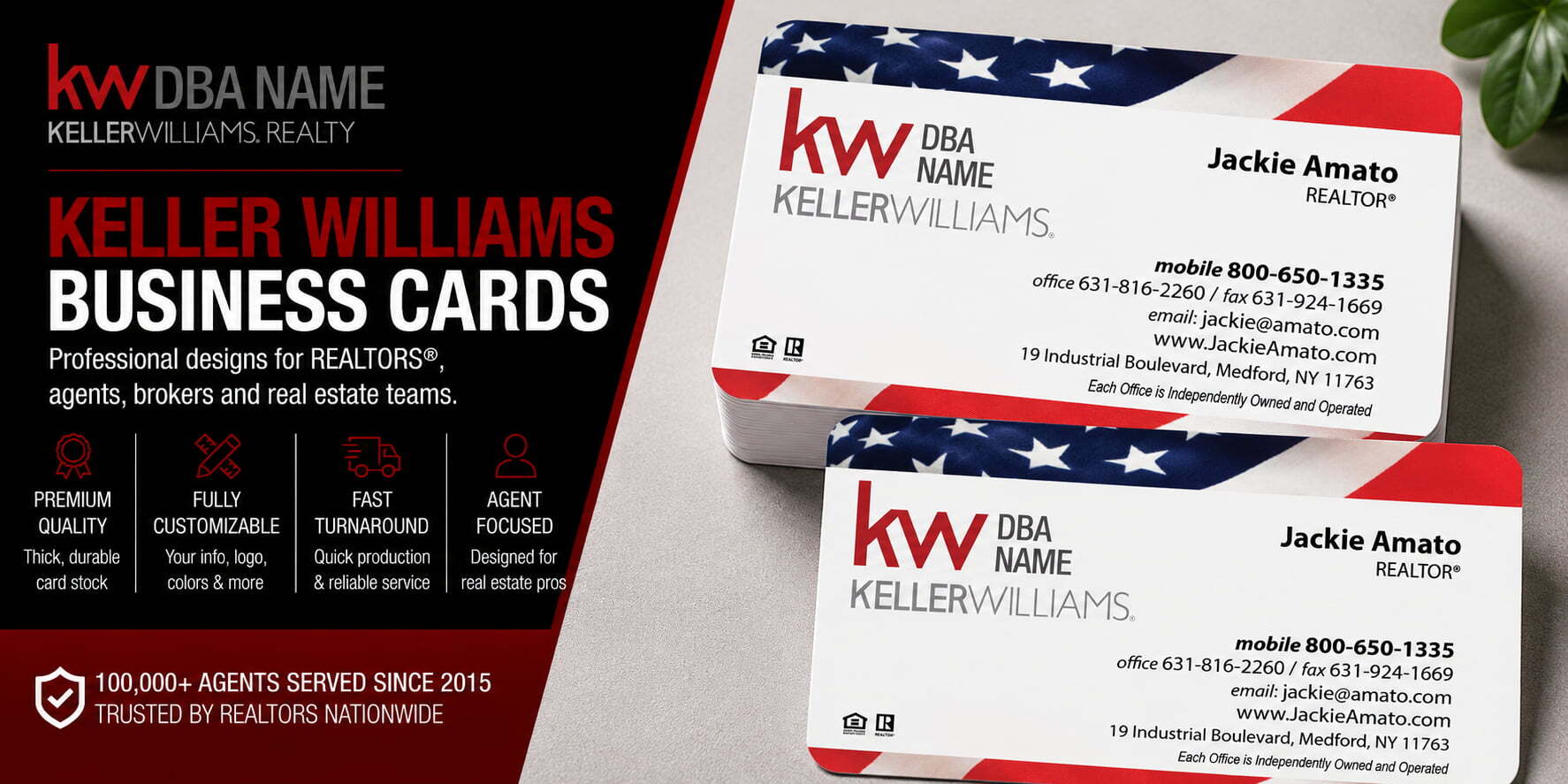 L-163 Keller Williams REALTOR patriotic business card design with customizable back side options
