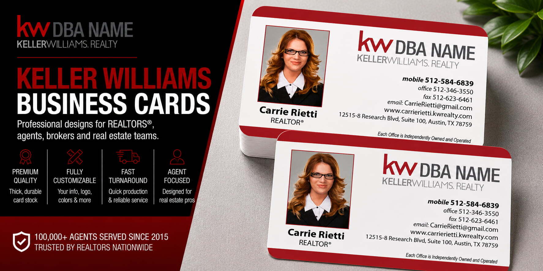 L-172 Keller Williams REALTOR rounded corner business card design with customizable back side options