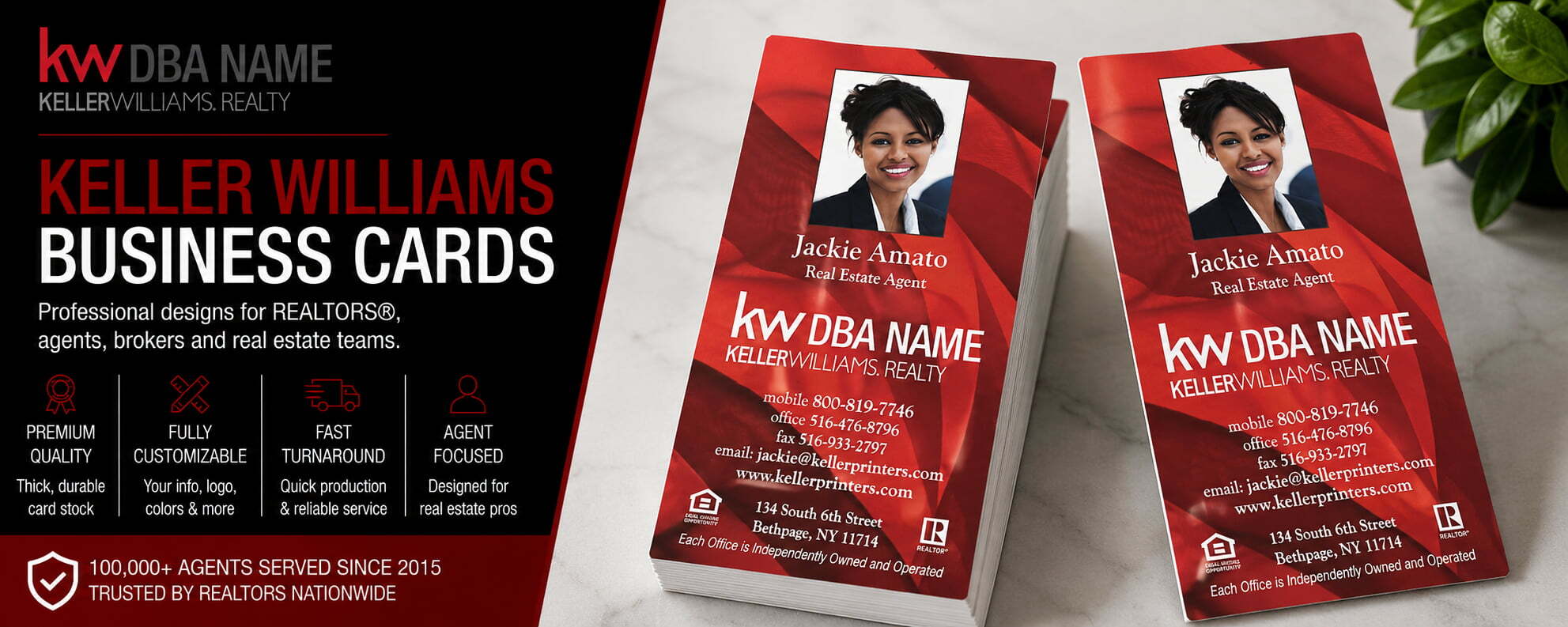 L-181 Keller Williams REALTOR vertical red fabric business card design with customizable back side options