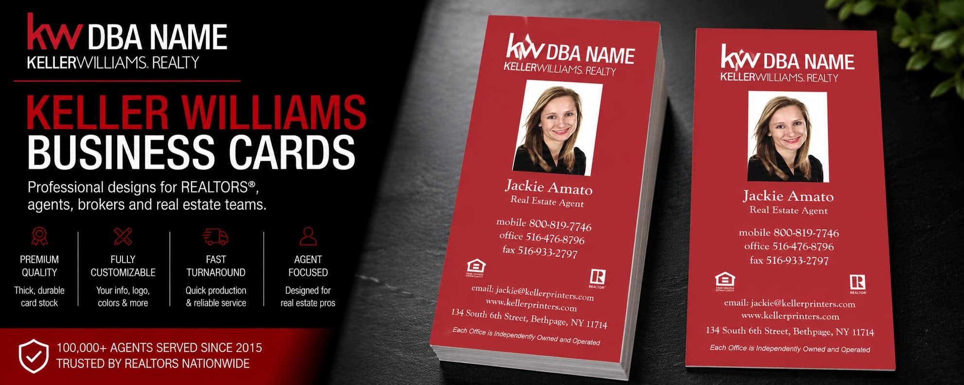 L-190 Keller Williams REALTOR vertical red business card design with customizable back side options