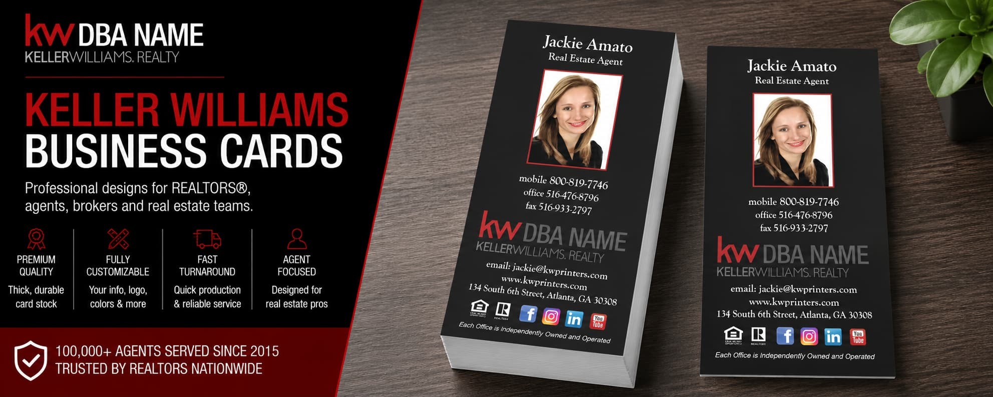 L-191 Keller Williams REALTOR vertical black business card design with customizable back side options