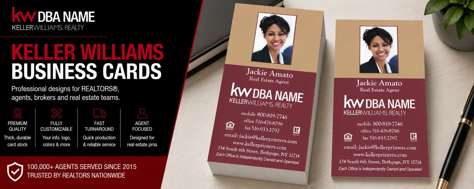 L-192 Keller Williams REALTOR vertical burgundy and gold business card design with customizable back side options