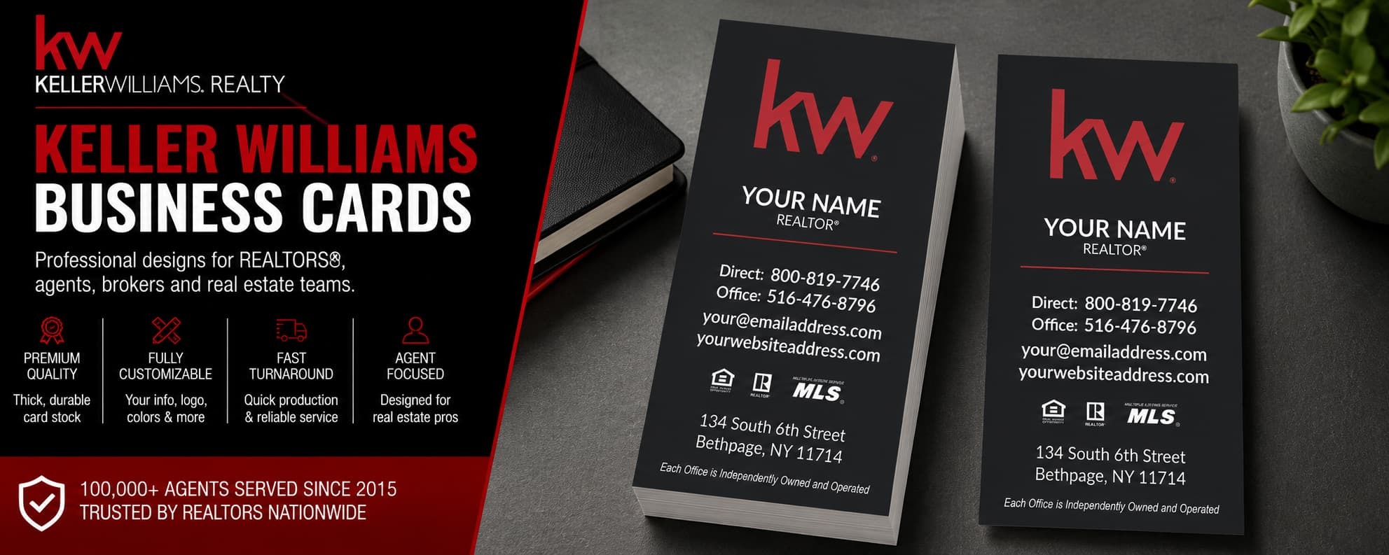 L-200 Keller Williams REALTOR vertical black and red business card design with customizable back side options