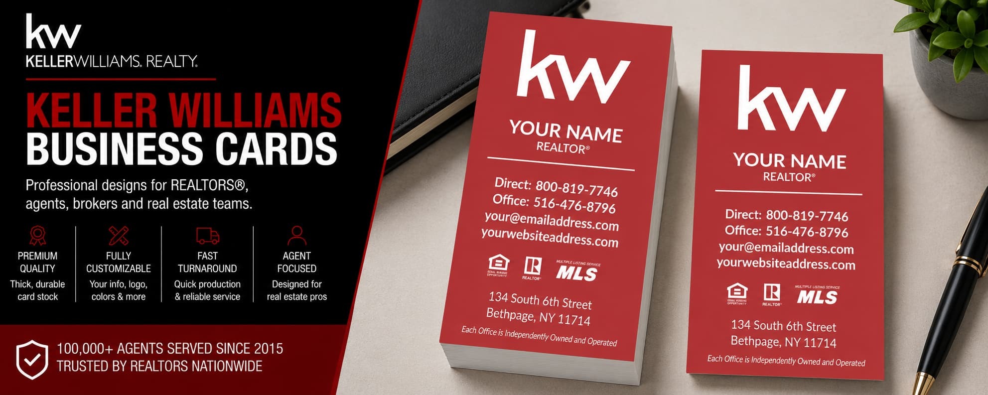 L-202 Keller Williams REALTOR vertical red business card design with customizable back side options