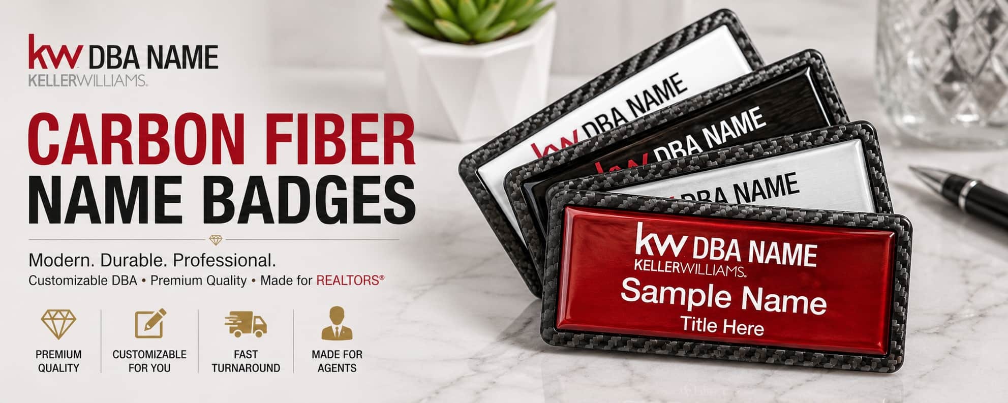 Keller Williams carbon fiber name badges with customizable DBA branding for REALTORS and real estate professionals