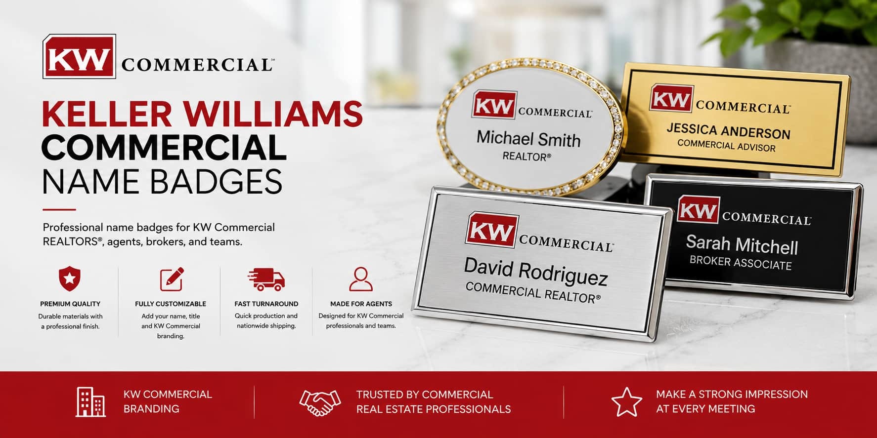 Keller Williams Commercial REALTOR name badges with custom KW Commercial logo badge styles for agents and brokers