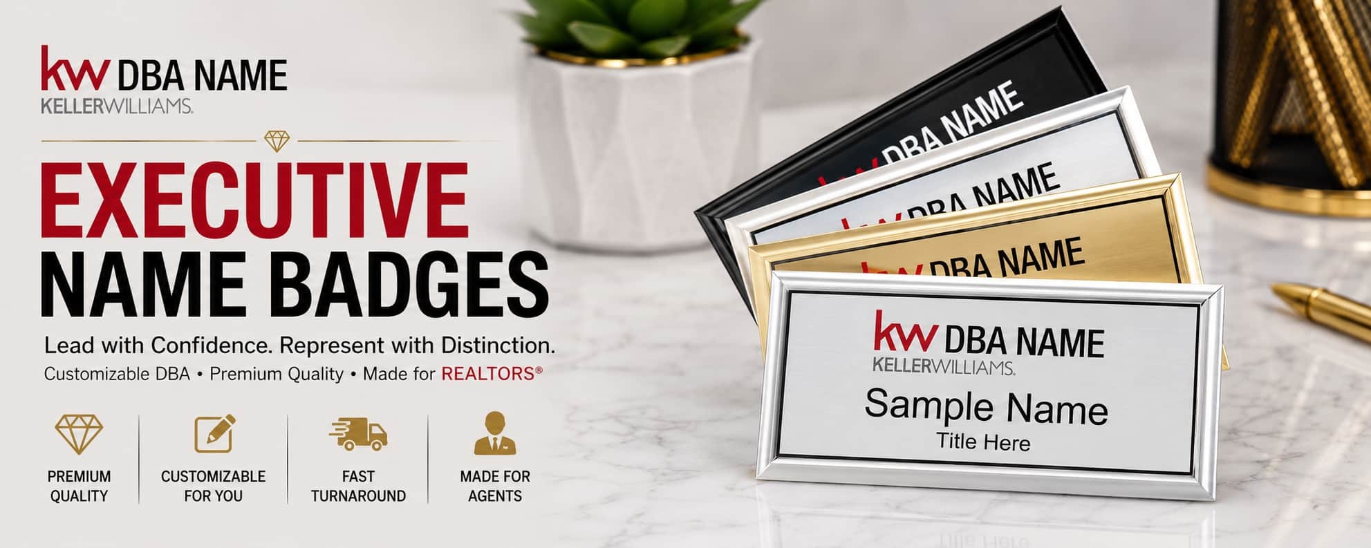 Keller Williams executive name badges with customizable DBA branding for REALTORS and real estate professionals