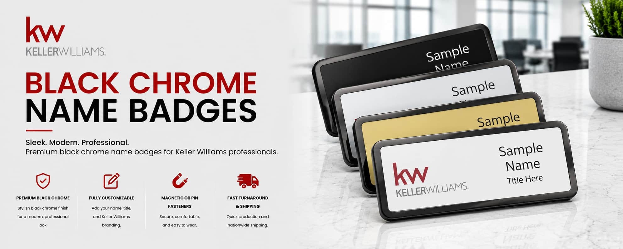 Keller Williams KW Logo Black Chrome Name Badges for REALTORS