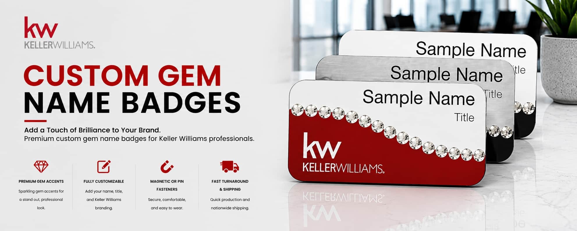 Keller Williams KW Logo Custom Gem Name Badges for REALTORS