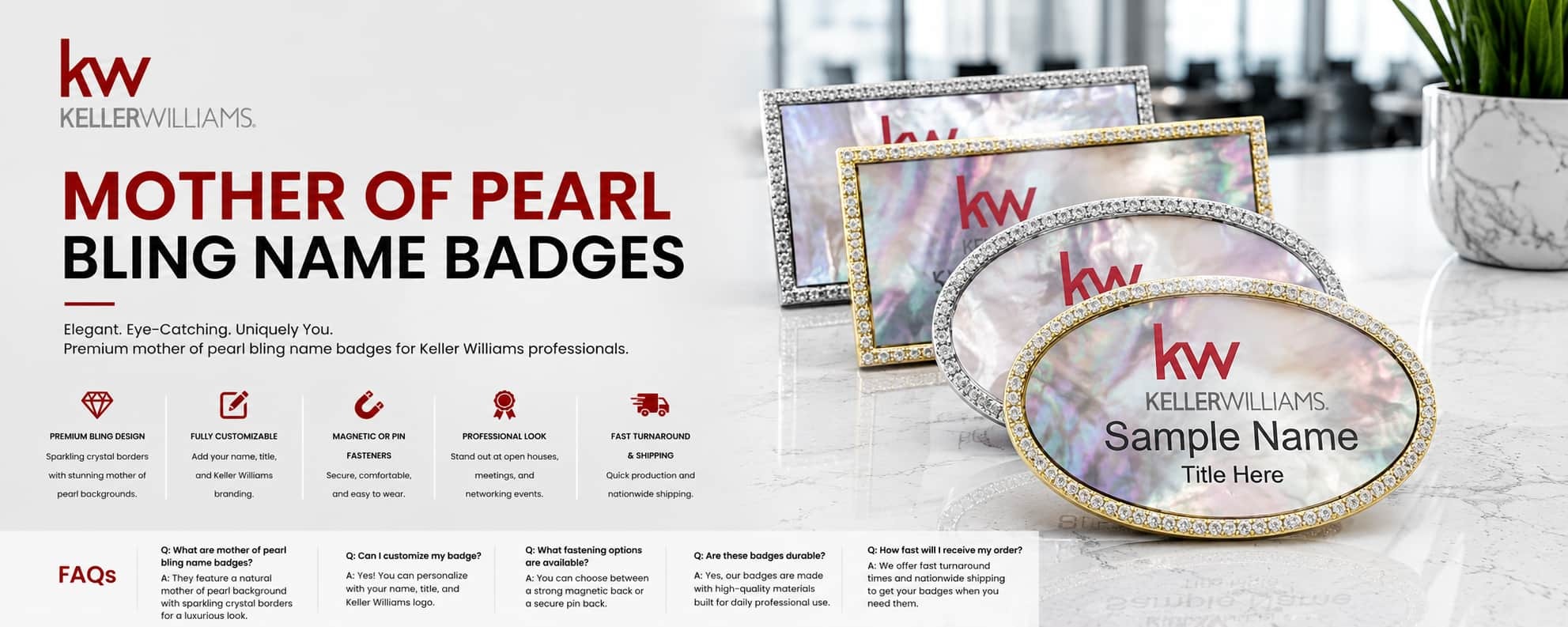 Keller Williams KW Logo Mother of Pearl Bling Name Badges for REALTORS