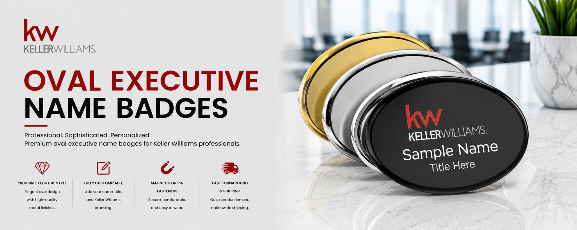 Keller Williams KW Logo Oval Executive Name Badges for REALTORS