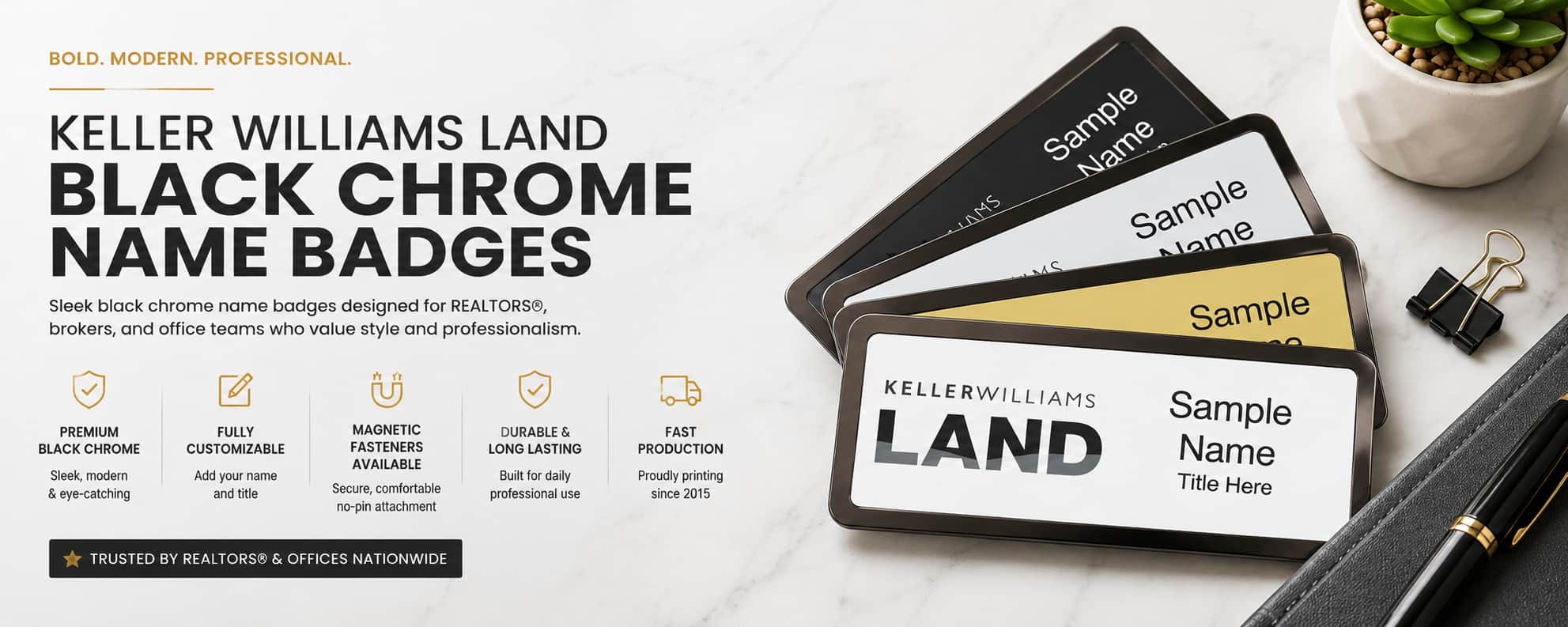 Keller Williams LAND black chrome name badges for REALTORS and real estate professionals