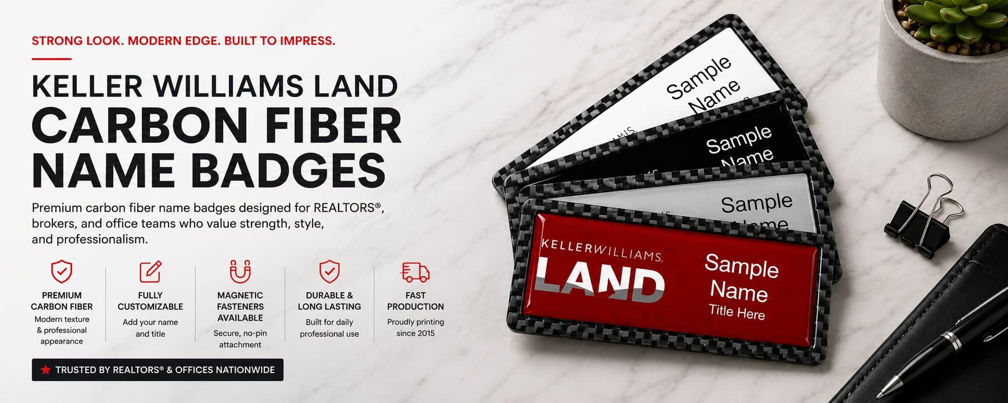 Keller Williams LAND carbon fiber name badges for REALTORS and real estate professionals