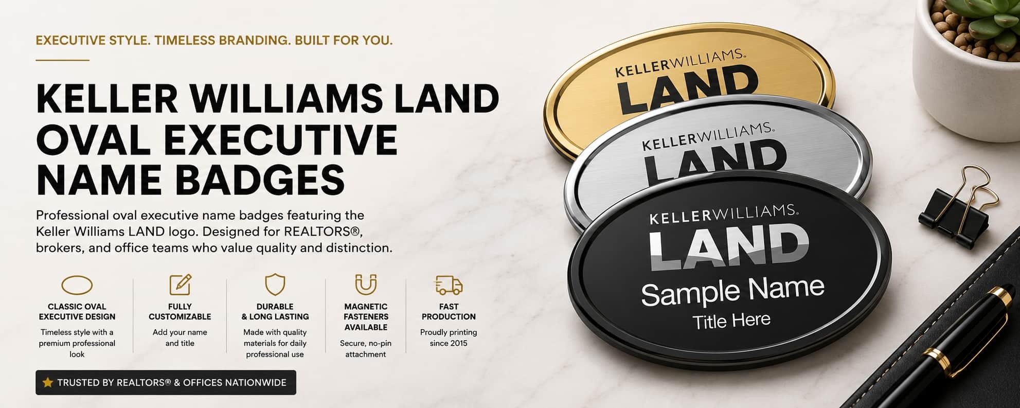 Keller Williams LAND oval executive name badges for REALTORS and real estate professionals