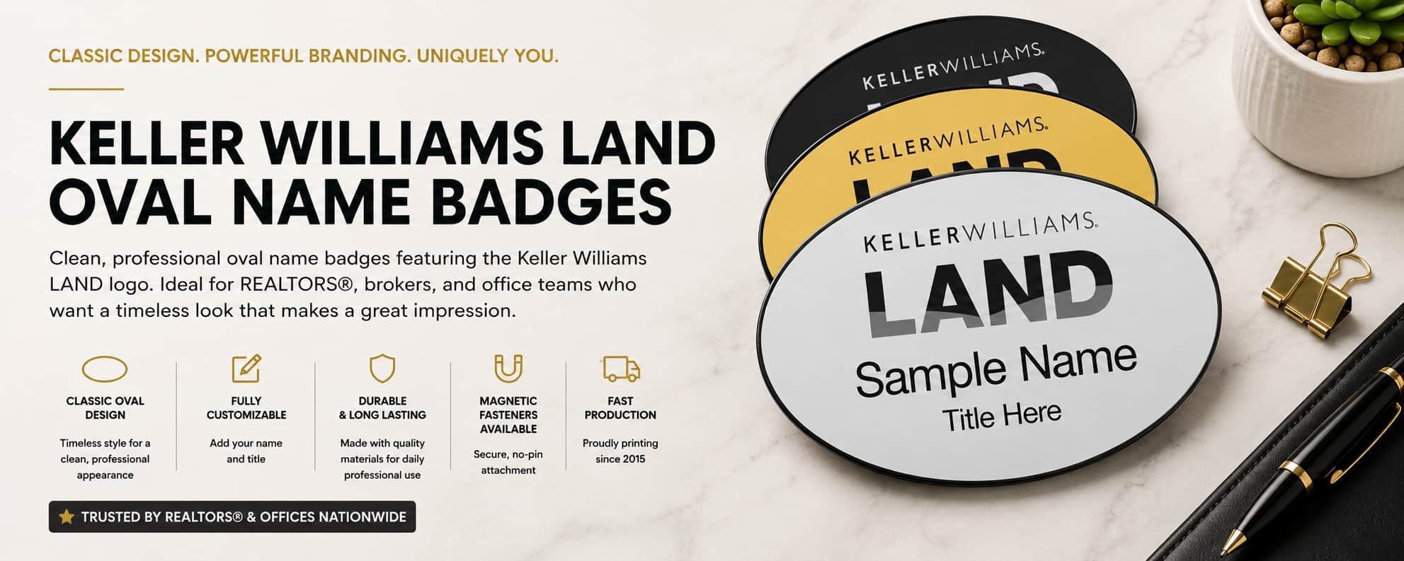 Keller Williams LAND oval name badges for REALTORS and real estate professionals